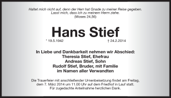 Traueranzeige von Hans Stief von Pegnitz-Zeitung